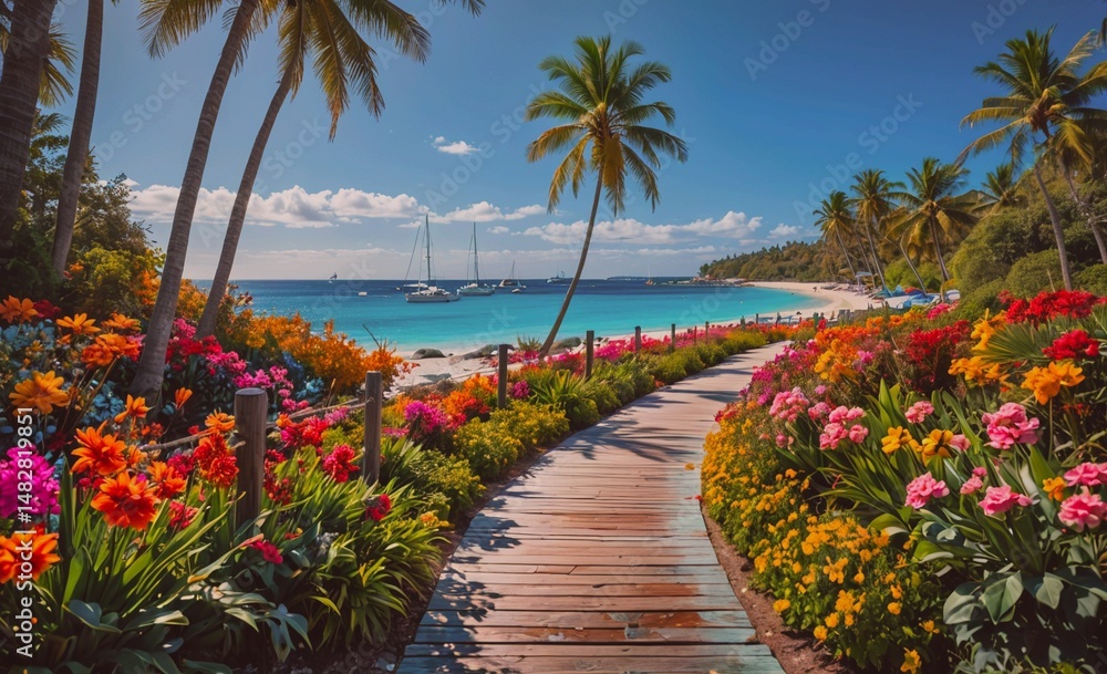 Aufkleber Walkway with a beach in the background and a path of flowers. The flowers are in various colors and the walkway is made of wood