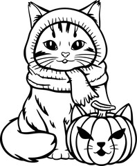 Adorable black and white vector of a cat wearing a scarf, sitting next to a pumpkin with a carved cat face.