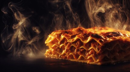 A lasagna is sitting on a table with steam rising from it
