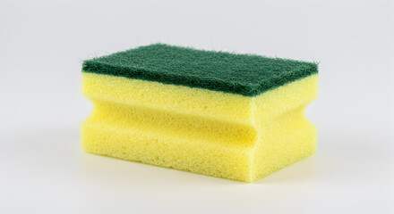Close-up of a Dual-layered Kitchen Sponge with Green Scrubbing Pad on a White Background