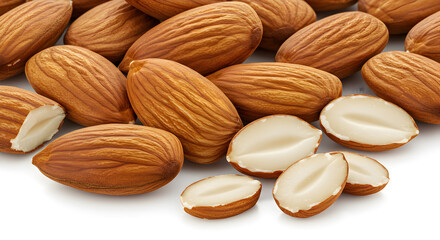 Close Up of a Group of Almonds on White Surface Some Halved to Reveal Texture and Color