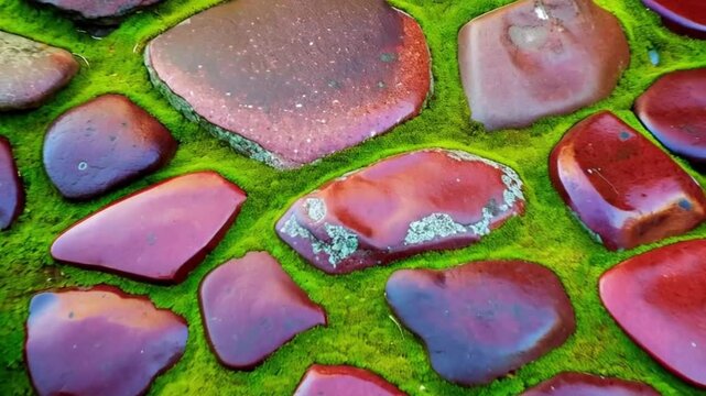 Historisches Kopfsteinpflaster mit moosbewachsenen Fugen und farbigen Steinen