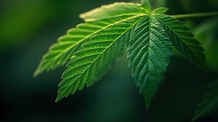 Fototapeta na wymiar Close up of a single green cannabis leaf with visible veins and serrated edges against dark background