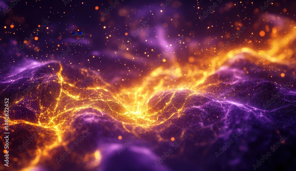 Poster abstract glowing particle background purple orange hues dynamic wave pattern