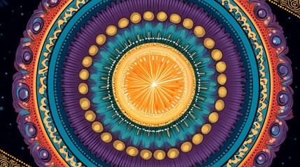 Fototapeta premium Mandala Orange Burst: A vibrant, detailed mandala design featuring a central burst of orange light surrounded by intricate layers of teal, purple, gold, and red.
