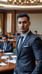 Fototapeta premium Kazakh male adult wearing business fashion on plain hunter green background