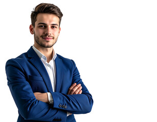Photo of an attractive young man in a blue blazer, standing with arms crossed, isolated on a transparent background.
