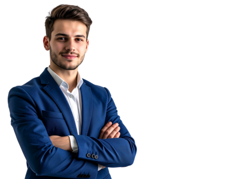 Photo of an attractive young man in a blue blazer, standing with arms crossed, isolated on a transparent background.