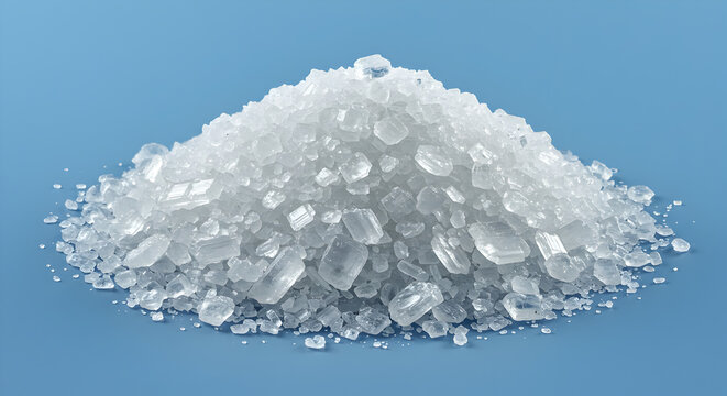 Pile of Transparent White Crystals on Blue Background Macro Studio Shot