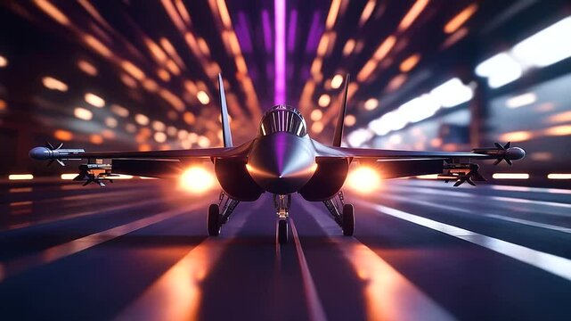 A fighter jet’s twin afterburners glowing symmetrically in bright hues of orange and violet, highlighting the precision of aeronautical engineering.