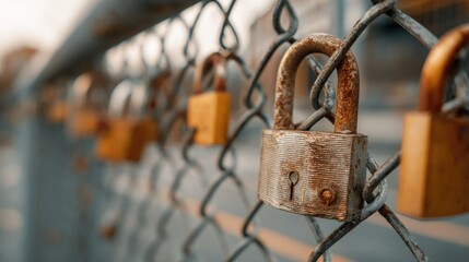 Multiple padlocks on a fence, with one large lock in focus, representing safety and strength in numbers