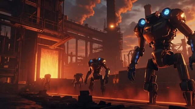 The scene presents a futuristic industrial complex where towering robots patrol among heavy machinery and smokestacks