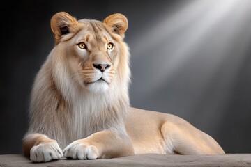 Obraz premium A majestic lion resting on a rock in its zoo enclosure with sunlight