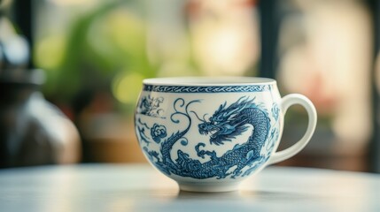 A single porcelain teacup with a delicate blue dragon pattern, placed on a plain white surface