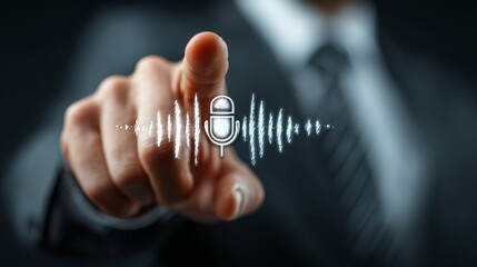 Businessman hand pointing at smartphone voice recording icon with sound wave, representing digital communication, customer consulting, telemarketing, and modern voice assistant technology