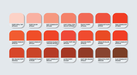 Coquelicot color Palette. Bright and True Coquelicot Shades color Tones Swatch Chart with HEX Codes and Color Names. Warm Orange Red Variants. Dusty and Earthy Coquelicot Tones. fire color sun orange