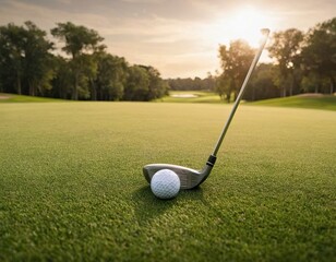 Obraz premium A golf ball and club resting on the green at sunset, showcasing a serene golfing atmosphere.