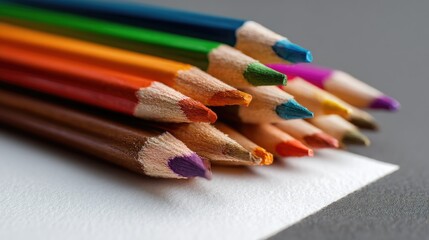 Pile of multicolored pencils with their tips touching a white sheet of paper, ready to sketch