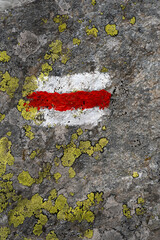 Mountain hiking trail sign with lichens on the rocks