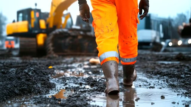A construction worker in bright orange safety gear trudges through a muddy worksite, boots sinking into the wet ground as heavy machinery operates in the background.