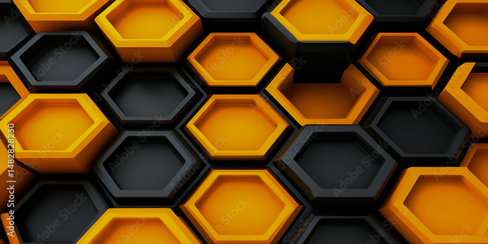 Poster abstract geometric hexagonal pattern background in black and orange colors displaying modern technol