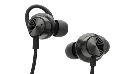 Black Earbuds Close-Up Isolated On White Background Demonstrating Design And Audio Technology