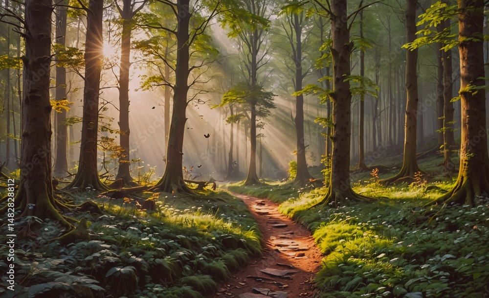 Poster Forest path with sunlight shining through the trees. The path is lined with trees and there are birds flying around