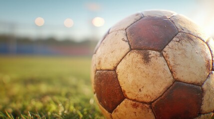 Fototapeta premium Worn soccer ball on a grassy field