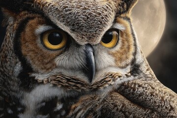 Obraz premium Owl turning its head toward viewer, moonlight glinting on feathers, hyper realistic portrait