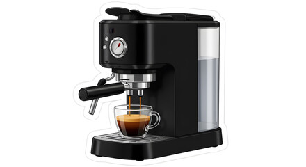 Black Espresso Machine Brewing Coffee Into Glass Cup on White Background