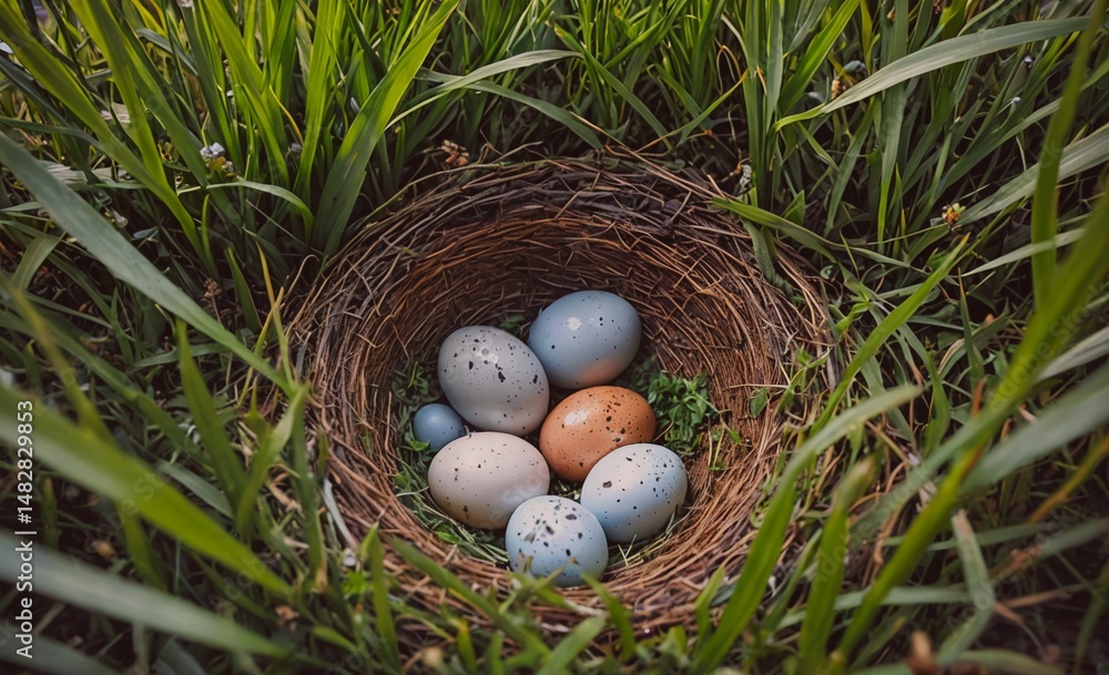 Poster Nest of eggs with a few brown and white eggs in it. The nest is in a grassy area