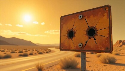 A reflective metal road sign on a desert highway at sunset, clear blue sky with orange hues, indicating the next town is 100 miles away.