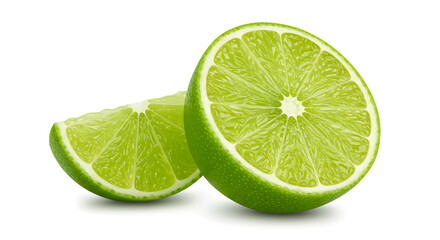 Close Up of Two Green Lime Slices Isolated on a White Background Displaying Freshness and Texture