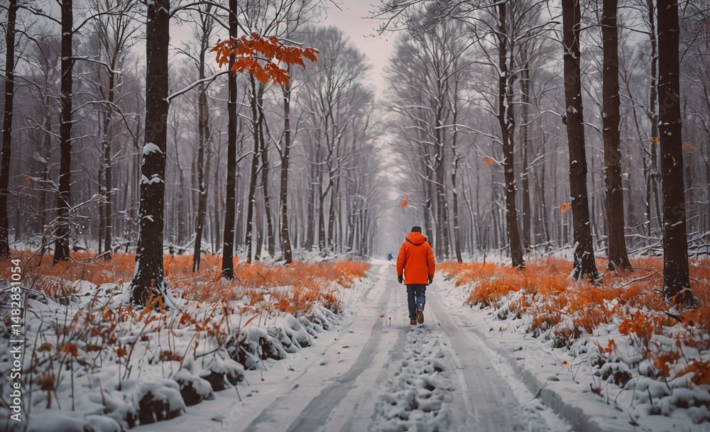 Aufkleber man in an orange jacket walks through a snowy forest. the scene is peaceful and serene, with the sno