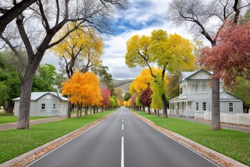 Obraz premium A tree-lined avenue with symmetrical yellow orange and red foliage