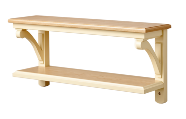 Wooden wall shelf with two levels and decorative support brackets, perfect for elegant home organization and display