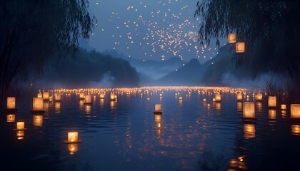 Floating lanterns illuminate a serene body of water at twilight creating a magical ambiance.