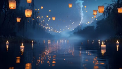 Floating paper lanterns and candles create a serene and magical atmosphere on a misty lake.
