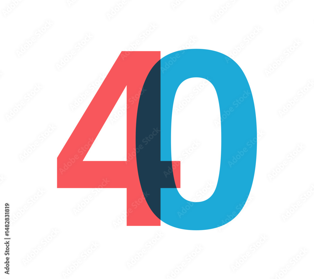 Poster overlapping red and blue 40 digits with transparent effect, evokes modernity, joy, energy. anniversa