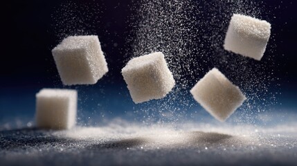 White sugar cubes falling in mid-air with a shallow depth of field and dark background for dramatic effect