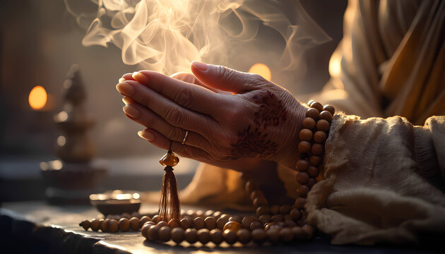 Elderly hands gently cradle prayer beads, illuminated by a soft, spiritual light, exuding peace.