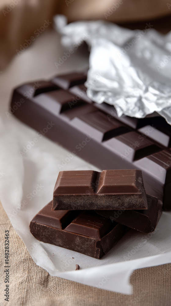 Aufkleber decadent dark chocolate bars arranged on a rustic surface with a partially crumpled silver wrapper c