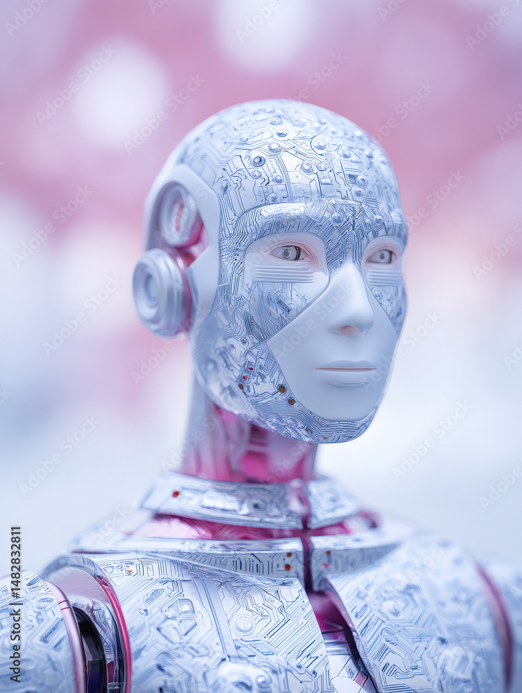 Poster a futuristic humanoid robot with intricate circuitry patterns and a smooth metallic finish stares fo