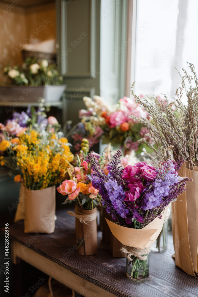 Poster A vibrant display of fresh flowers in various colors and arrangements fills a rustic wooden table in a charming florist shop, creating a cheerful and inviting atmosphere