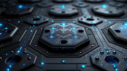 Fototapeta premium Titanium alloy surface with laser-etched circuitry patterns, glowing blue energy lines