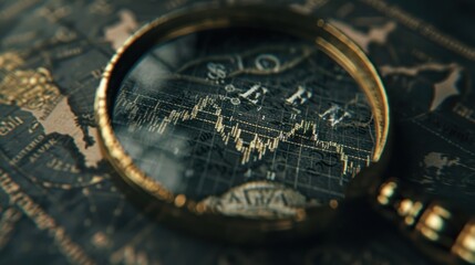 Close-up of a magnifying glass over a world map, showing financial data