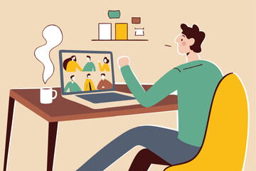 Work from home video conference meeting with team in social distancing Coronavirus COVID-19 pandemic concept, office guy stay home working at home chair conference meeting with team on laptop computer
