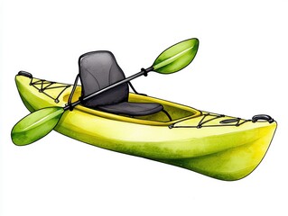 A lime green kayak with a gray seat and two paddles is shown in a watercolor illustration against a white background. The kayak appears to be lightweight and suitable for recreational use.