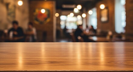 Warm wood table with blurred coffee shop backdrop evoking comfort and connection