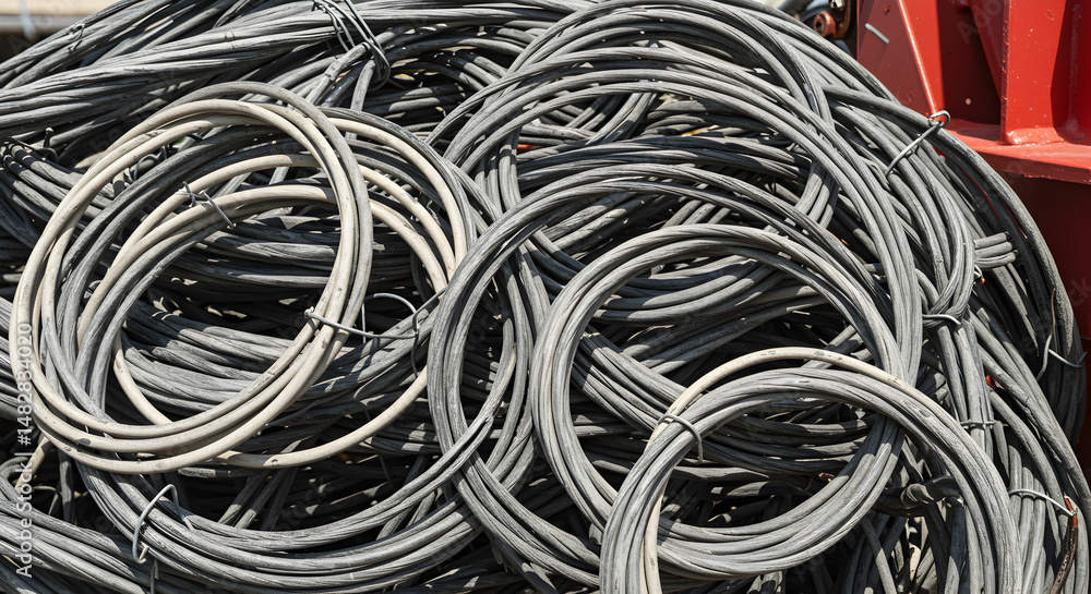Poster close up of a gray metallic coiled rebar pile with partial view of a red metal structure in bright d